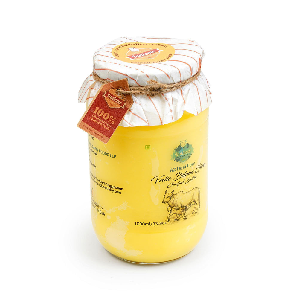 Indicow ghee texture close-up showing grainy, thick consistency and rich color