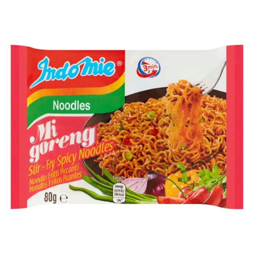 Indomie cooked noodles close-up with glossy sauce and visible spices, appetizing