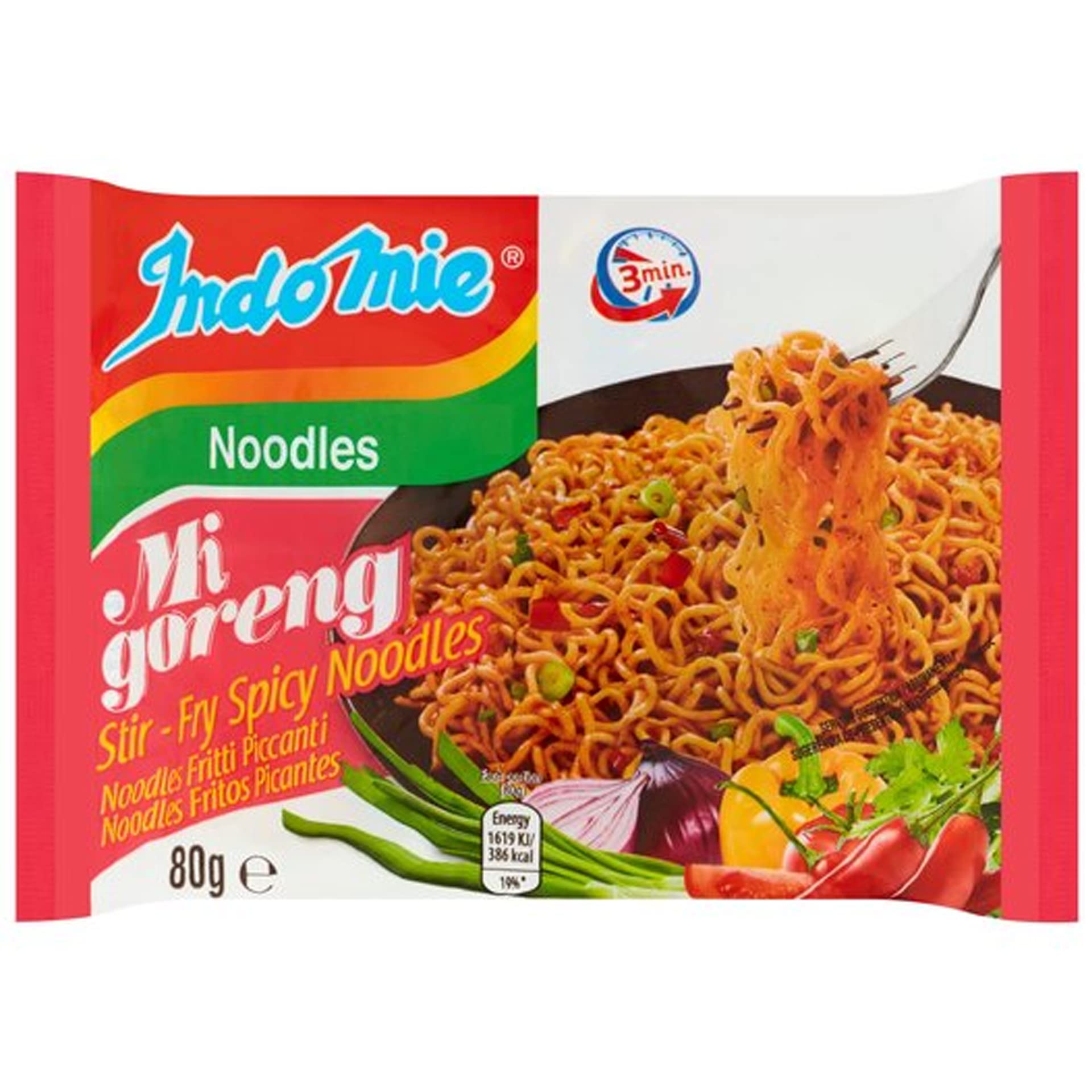 Indomie front packaging showing halal 30-pack and spicy flavor convenience