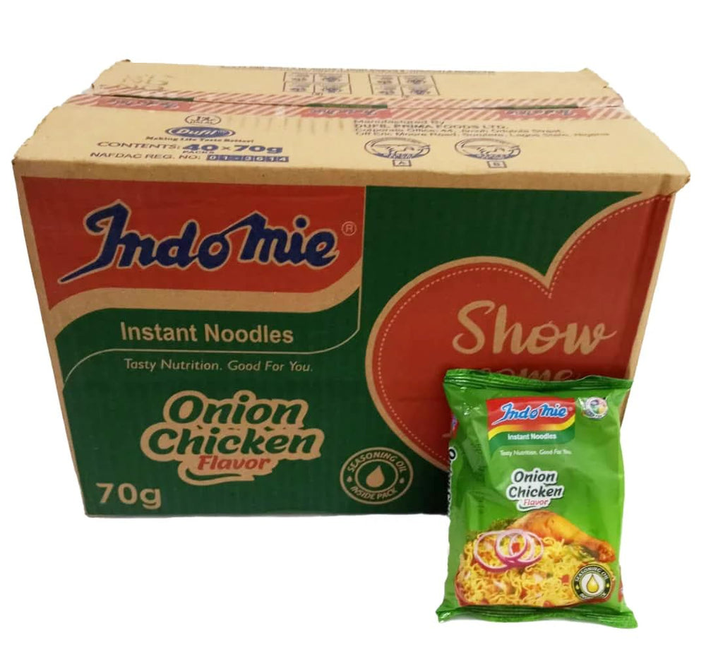 Indomie front packaging showing Nigerian Onion Chicken flavor and benefits