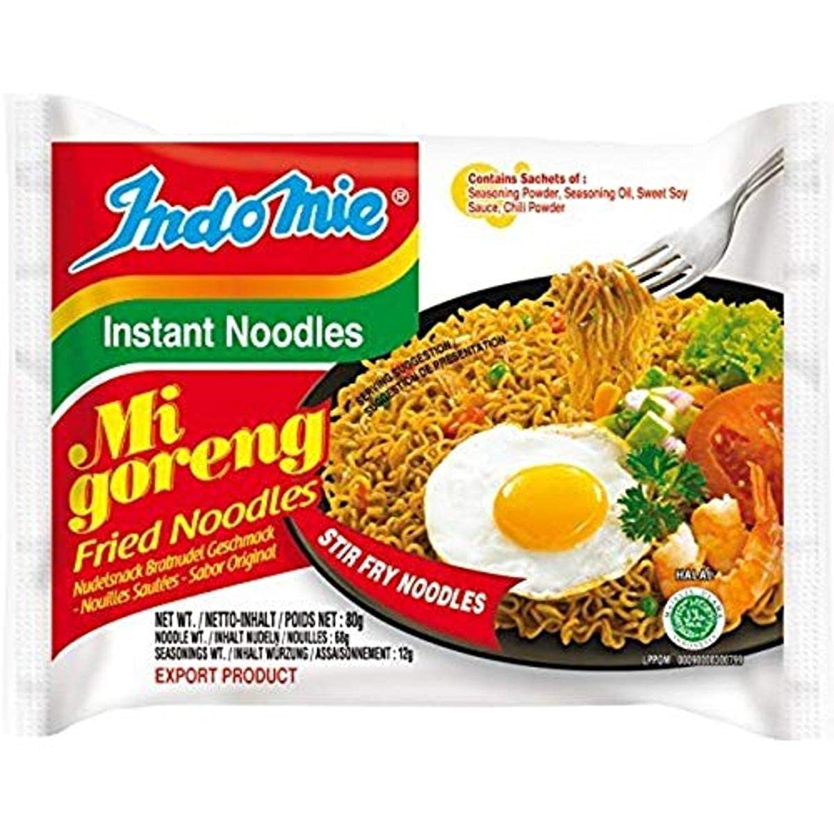 Indomie pack front showing Original flavor and halal label benefits