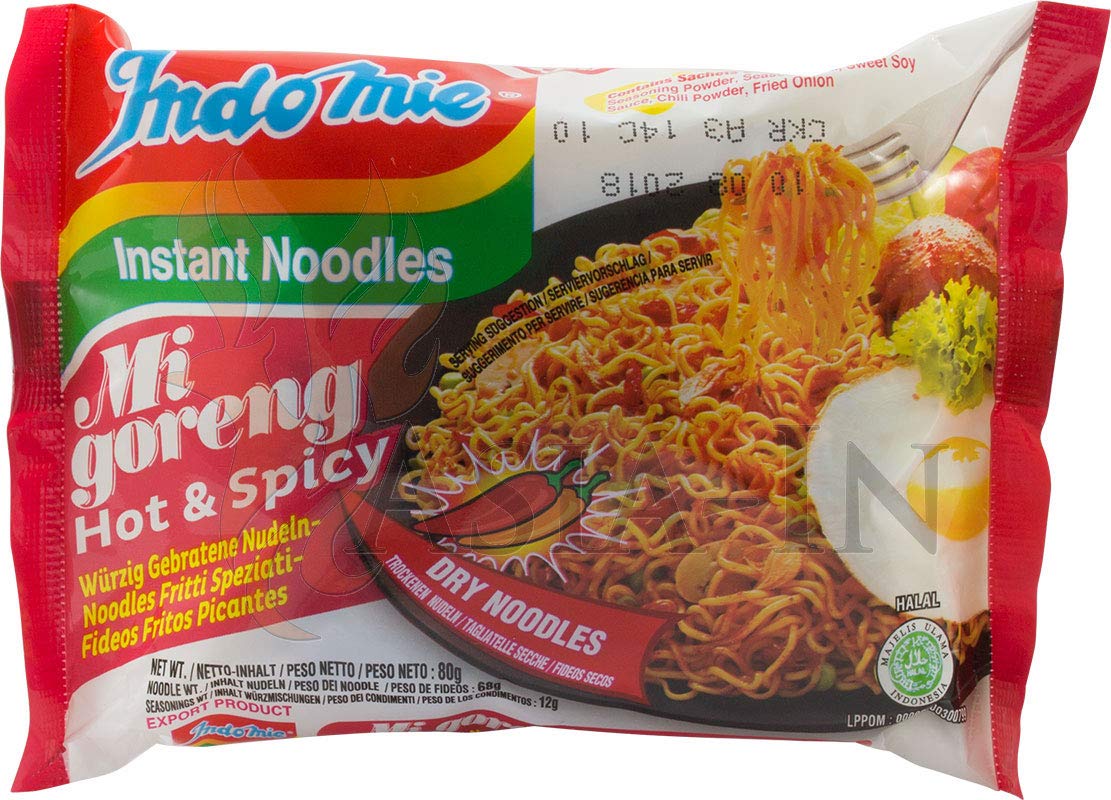 Indomie packet front showing branding and Halal certification, ready-to-eat benefit