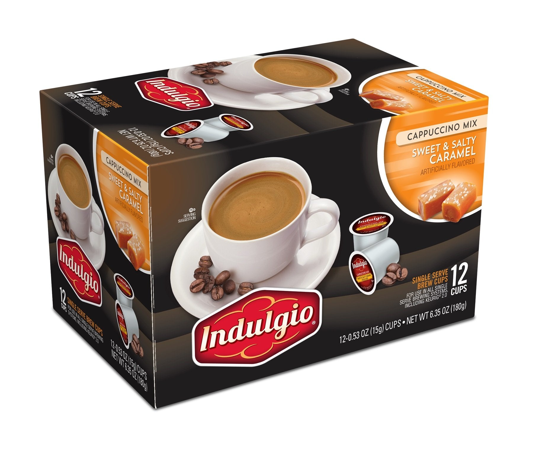 Indulgio front packaging shows 12-count cups and flavor, ideal for quick creamy cappuccinos