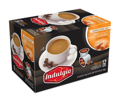 Indulgio front packaging shows 12-count cups and flavor, ideal for quick creamy cappuccinos