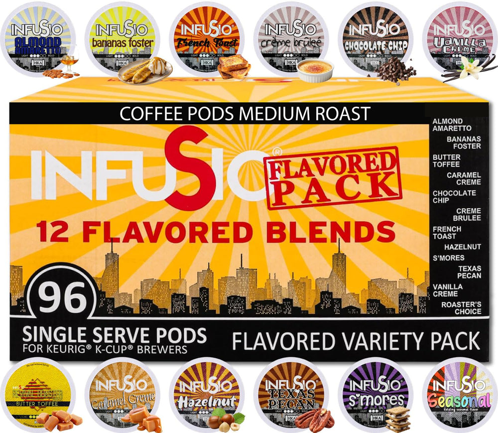 InfuSio front packaging showing 96-count variety pack and flavor list benefit convenience