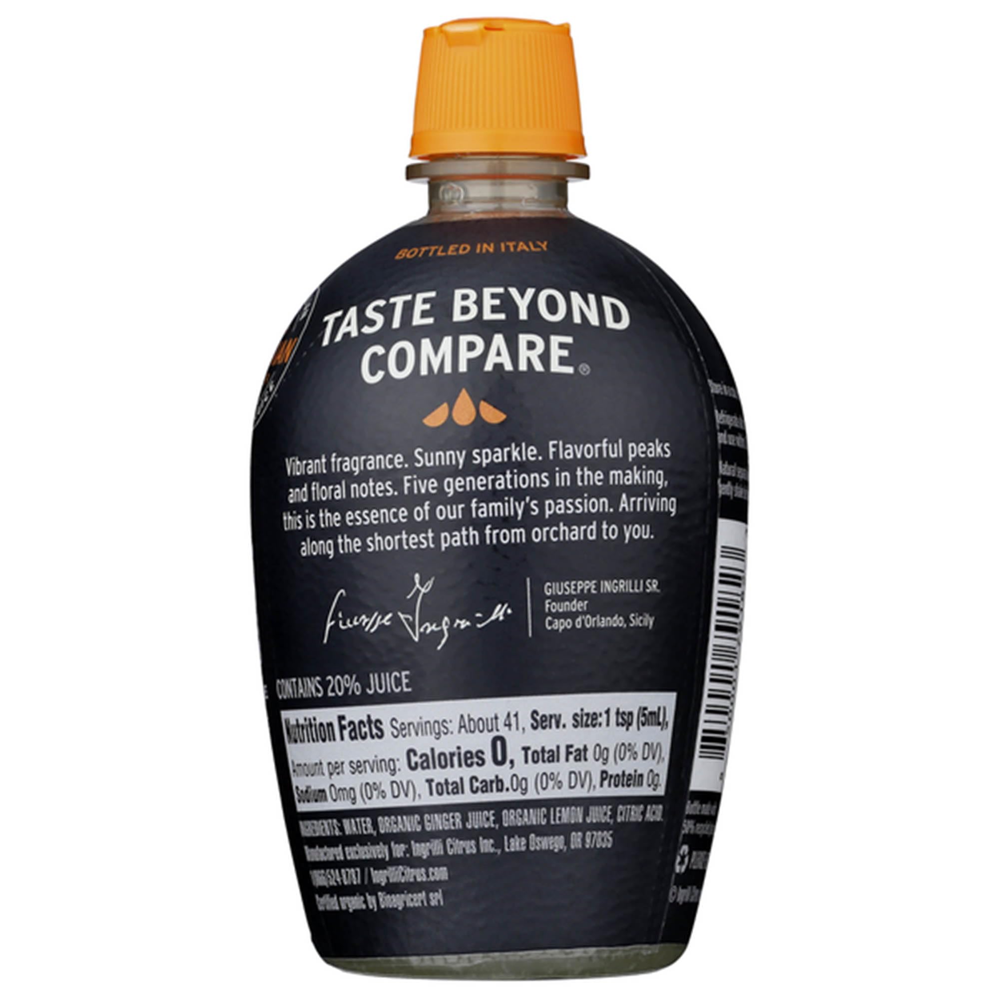 Ingrilli bottle beside ginger root and lemon halves indicating real juice ingredients
