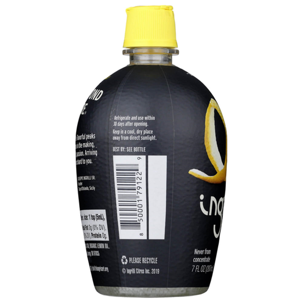 Ingredient label on Ingrilli bottle listing organic lemon juice and citric acid