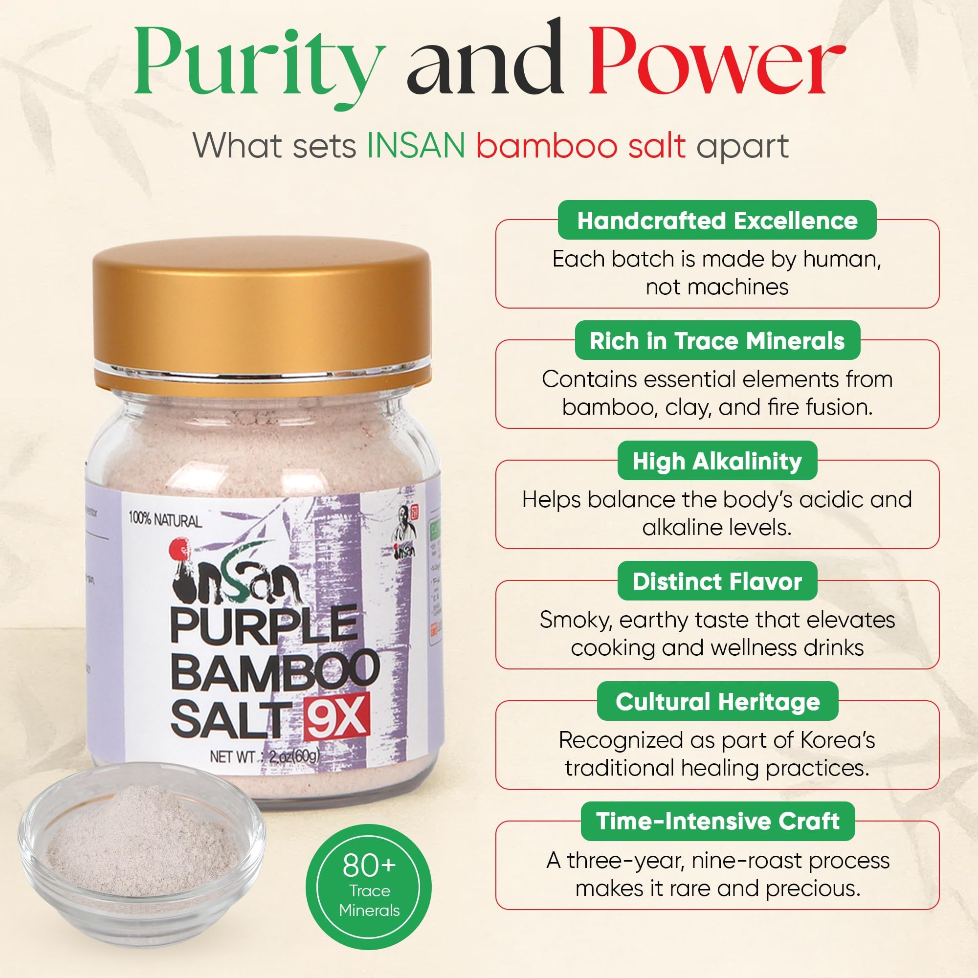 INSAN BAMBOO SALT close-up label showing origin details and quality assurance from Korea