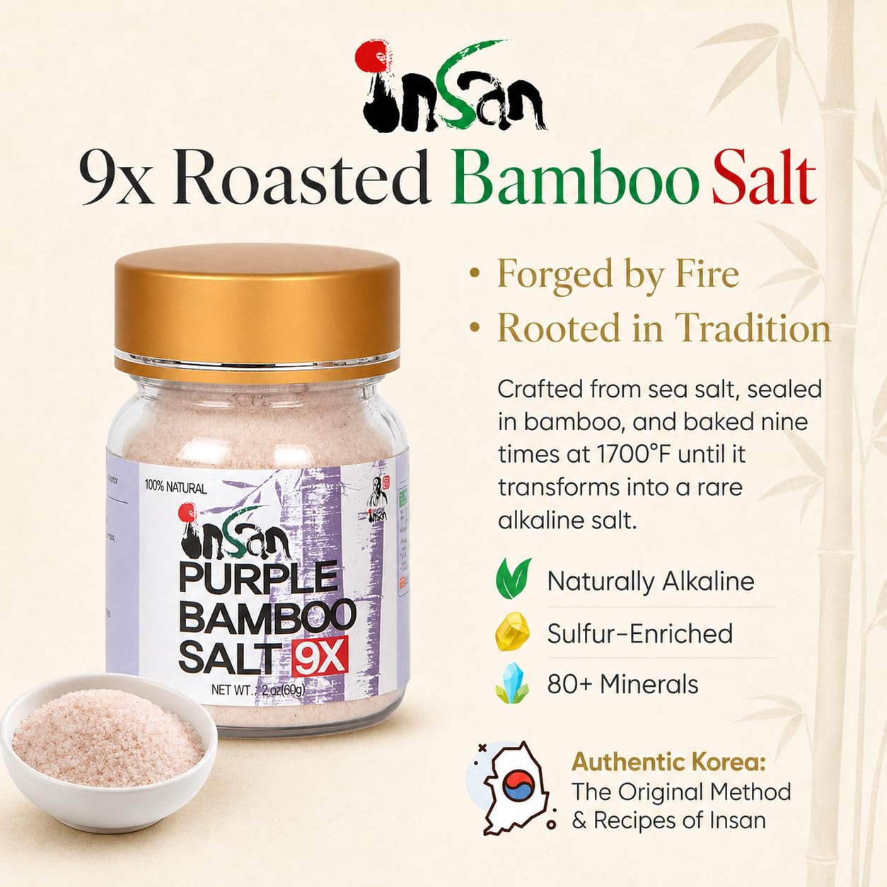 INSAN BAMBOO SALT fine purple powder texture highlighting mineral-rich surface and seasoning use