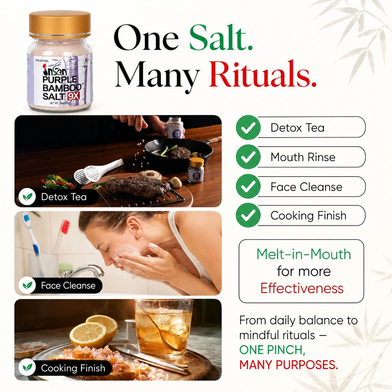 INSAN BAMBOO SALT sprinkled on soup showing savory umami boost to finished dishes