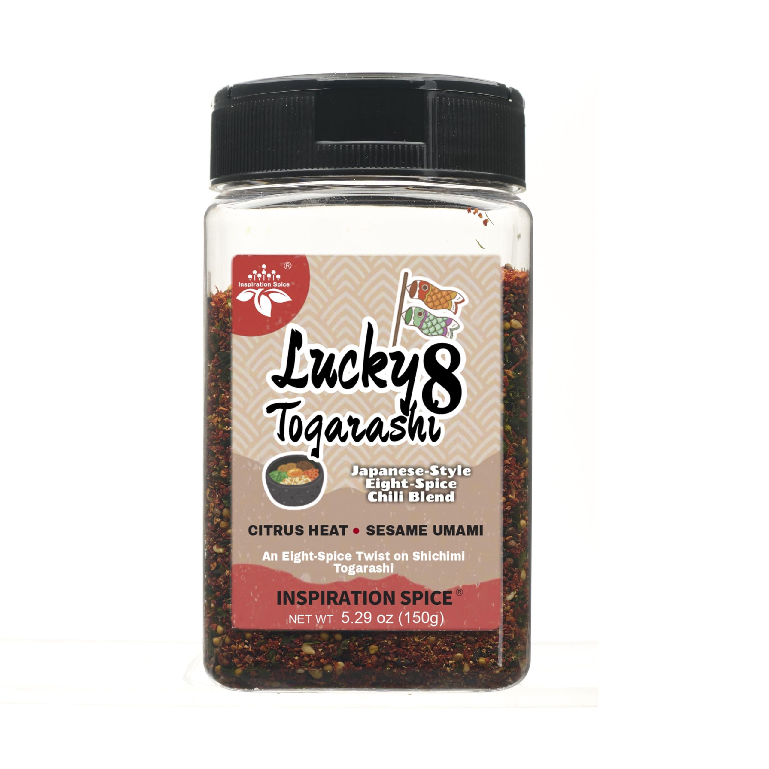 Inspiration Spice jar front label showing Lucky 8 Togarashi and benefits