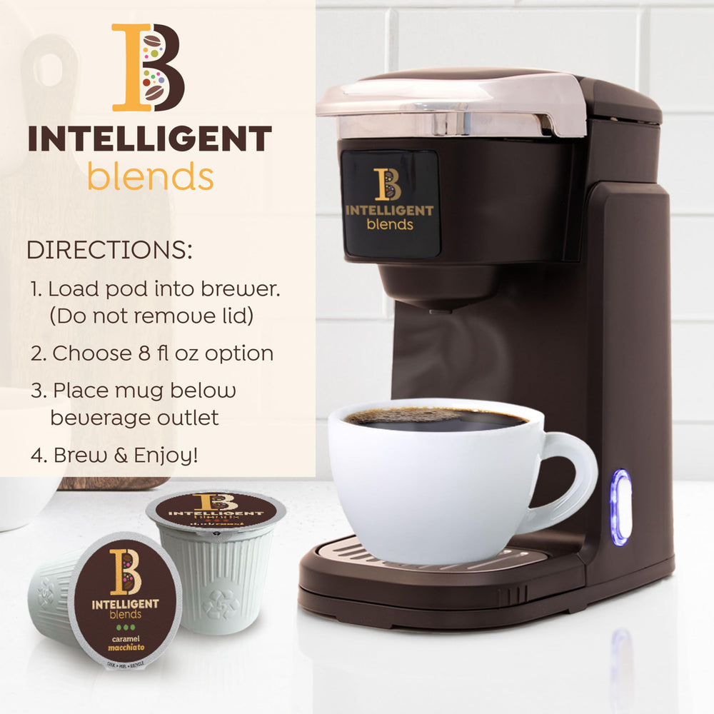 100-count Intelligent Blends box next to a mug to show pack size and value