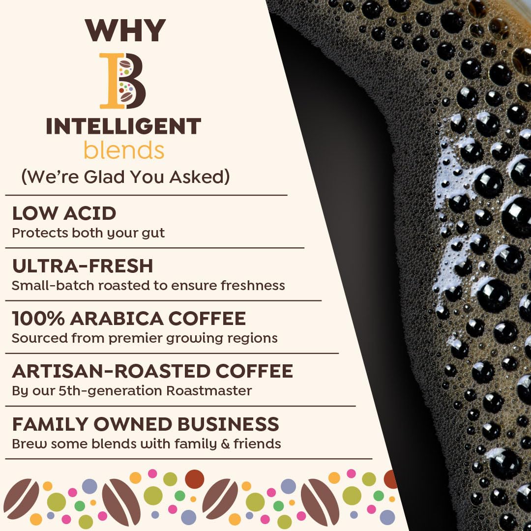 Intelligent Blends brewed cup showing smooth decaf dark roast and enjoyable sip
