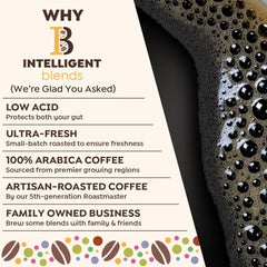 Intelligent Blends brewed cup showing smooth decaf dark roast and enjoyable sip