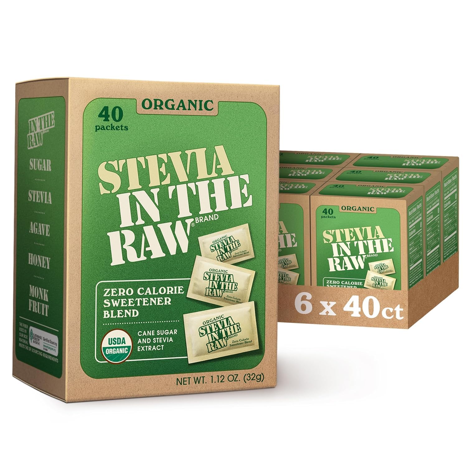 IN THE RAW front box of organic stevia packets showing packaging and convenience