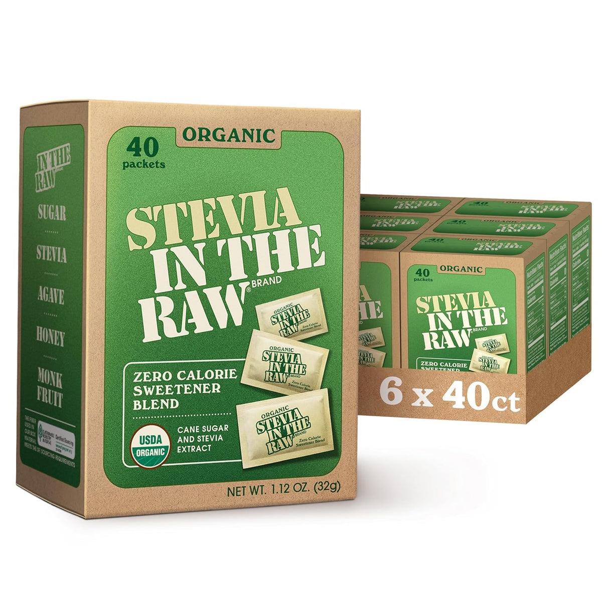 IN THE RAW front box of organic stevia packets showing packaging and convenience