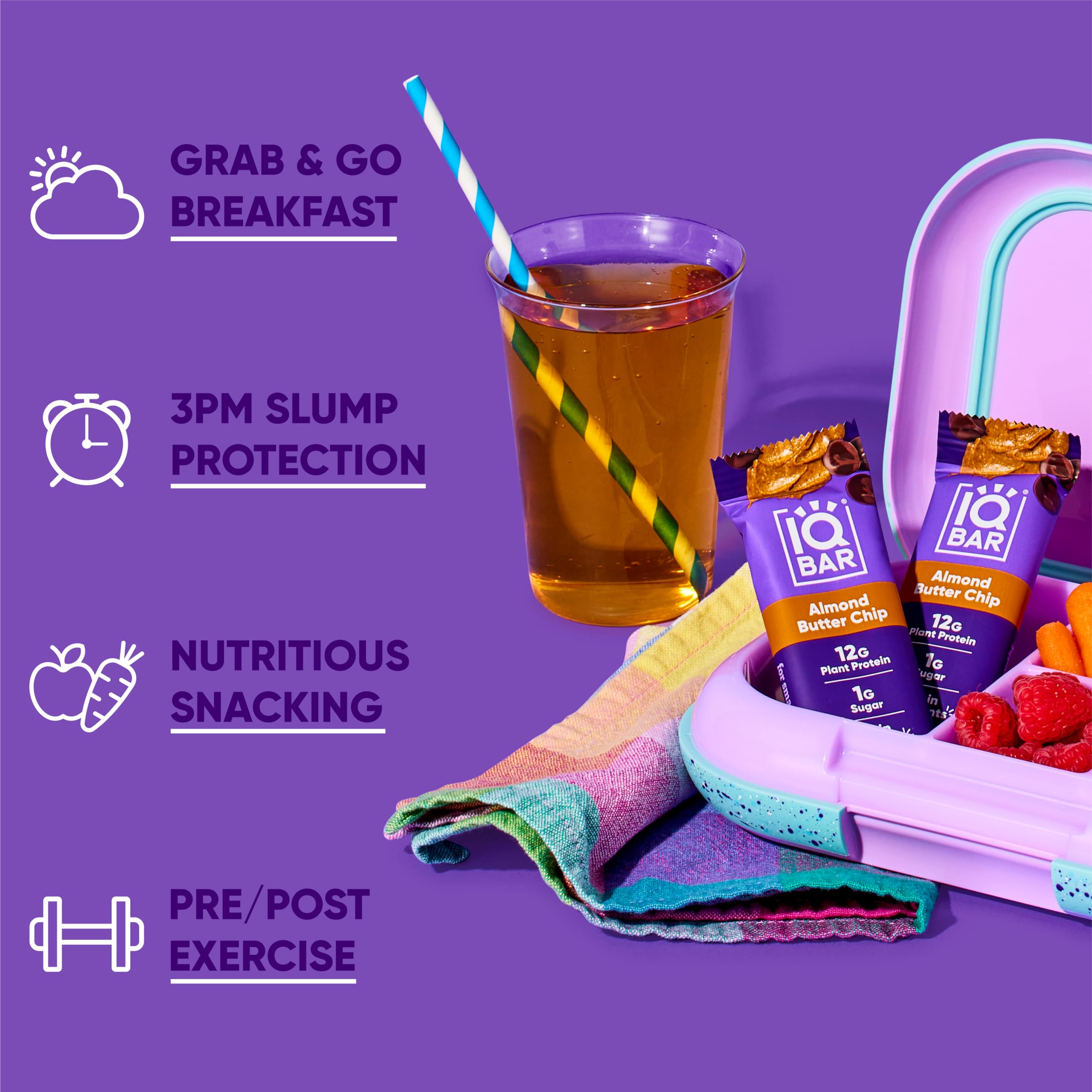 IQBAR ingredient visuals with MCTs and Lion’s Mane emphasizing focus support