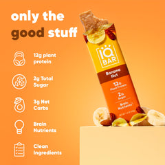 IQBAR Banana Nut ingredients flatlay showing plant protein and nuts