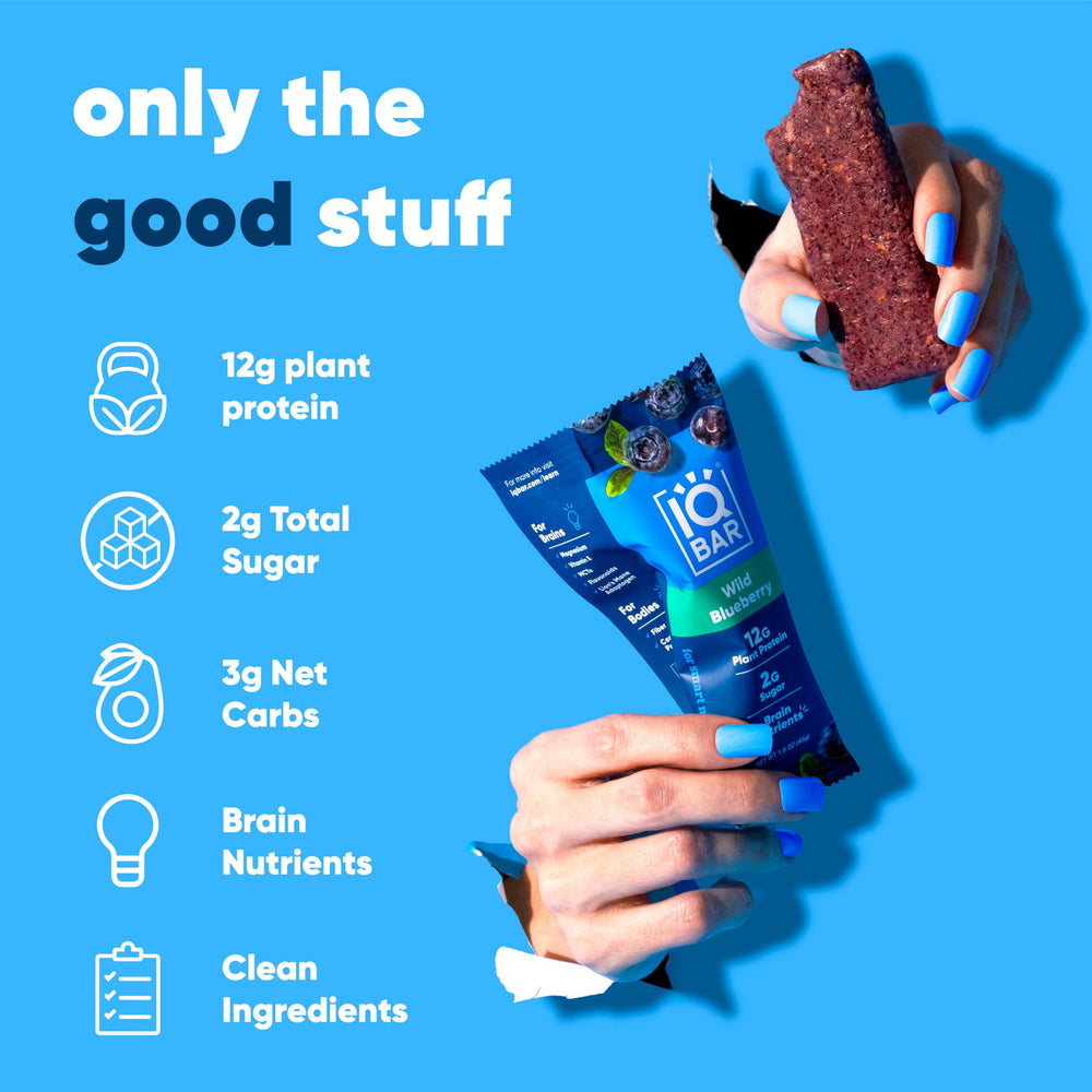 IQBAR bar close-up texture revealing high-fiber surface and nut pieces for satiety