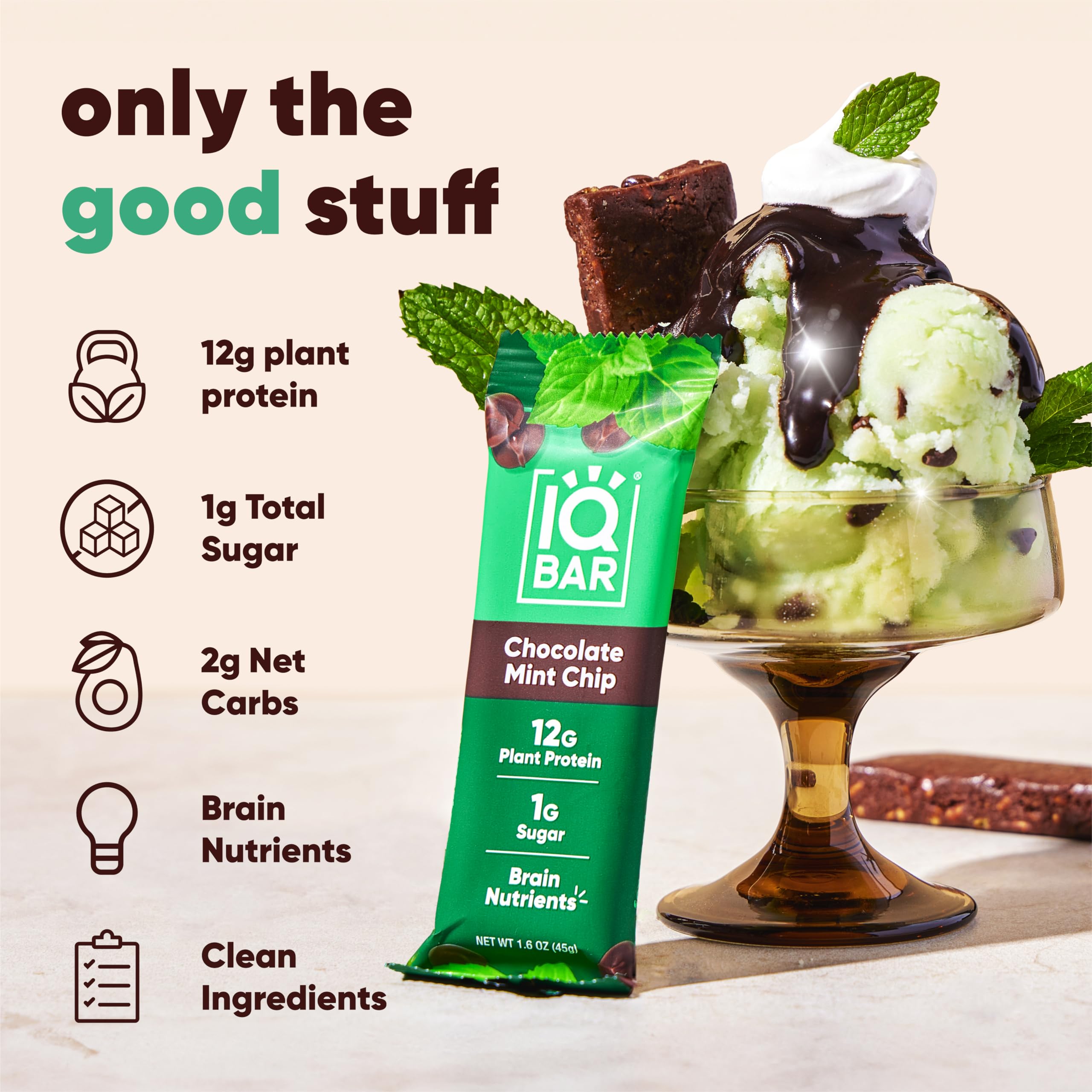 IQBAR close-up texture highlights chocolate chips and mint swirls for flavor appeal