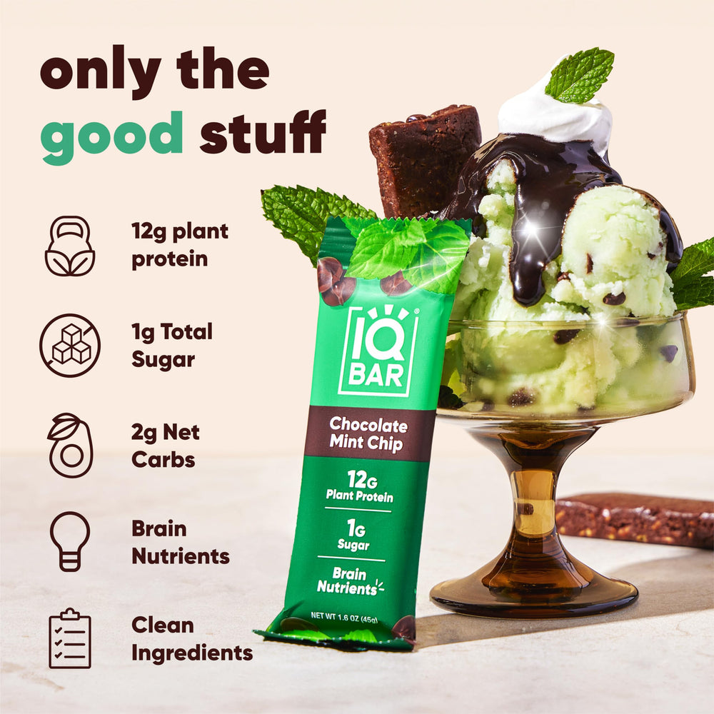 IQBAR close-up texture highlights chocolate chips and mint swirls for flavor appeal