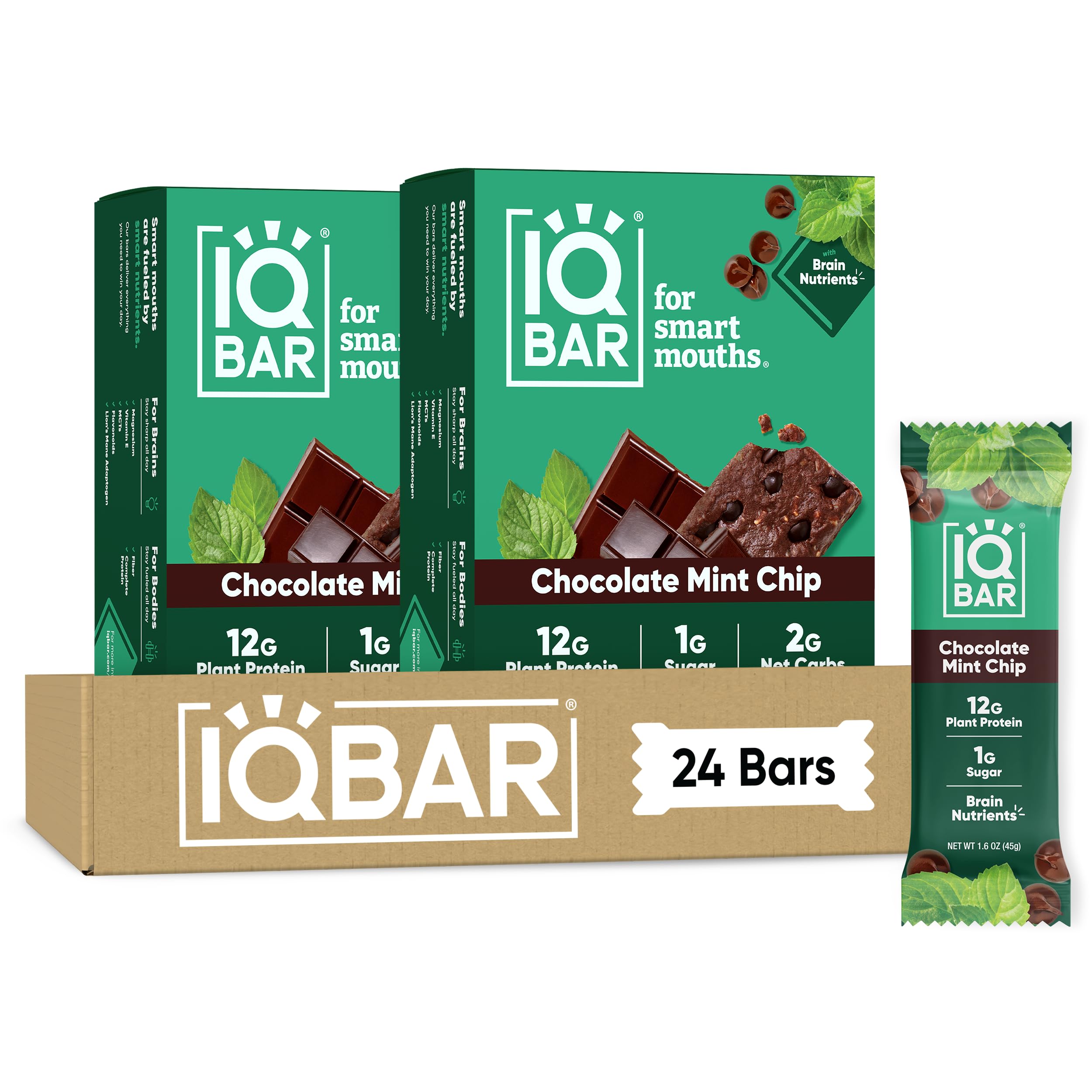 IQBAR Chocolate Mint Chip front packaging shows clean-label benefits