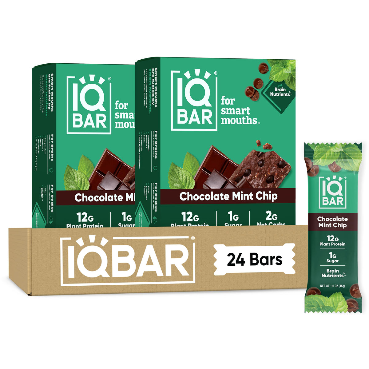 IQBAR Chocolate Mint Chip front packaging shows clean-label benefits