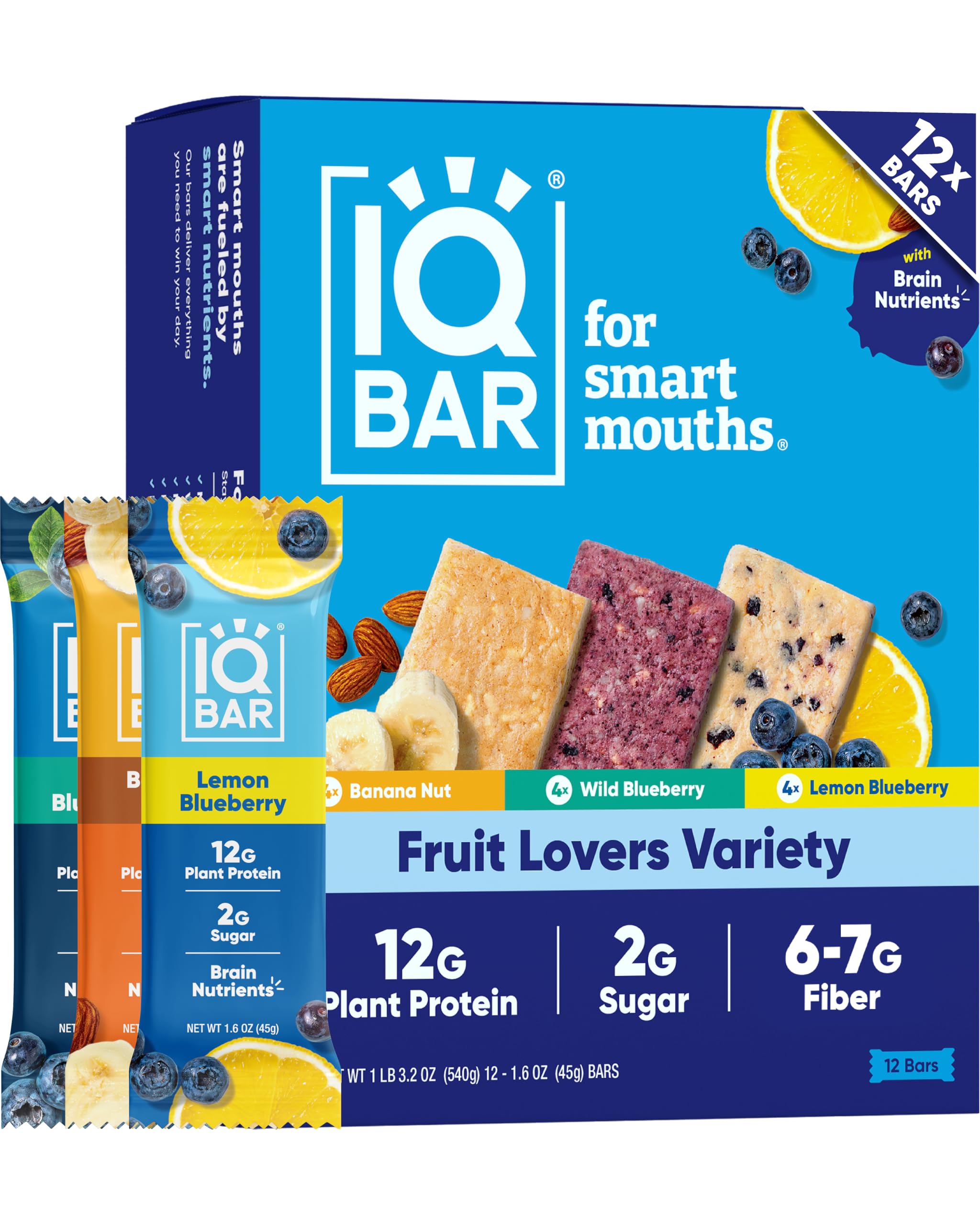 IQBAR front packaging fruit variety showing 12-count pack and benefits