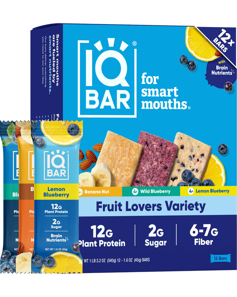 IQBAR front packaging fruit variety showing 12-count pack and benefits