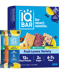 IQBAR front packaging fruit variety showing 12-count pack and benefits