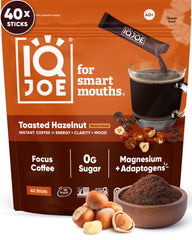IQBAR IQJOE front packaging showing 40-stick box and toasted hazelnut benefit