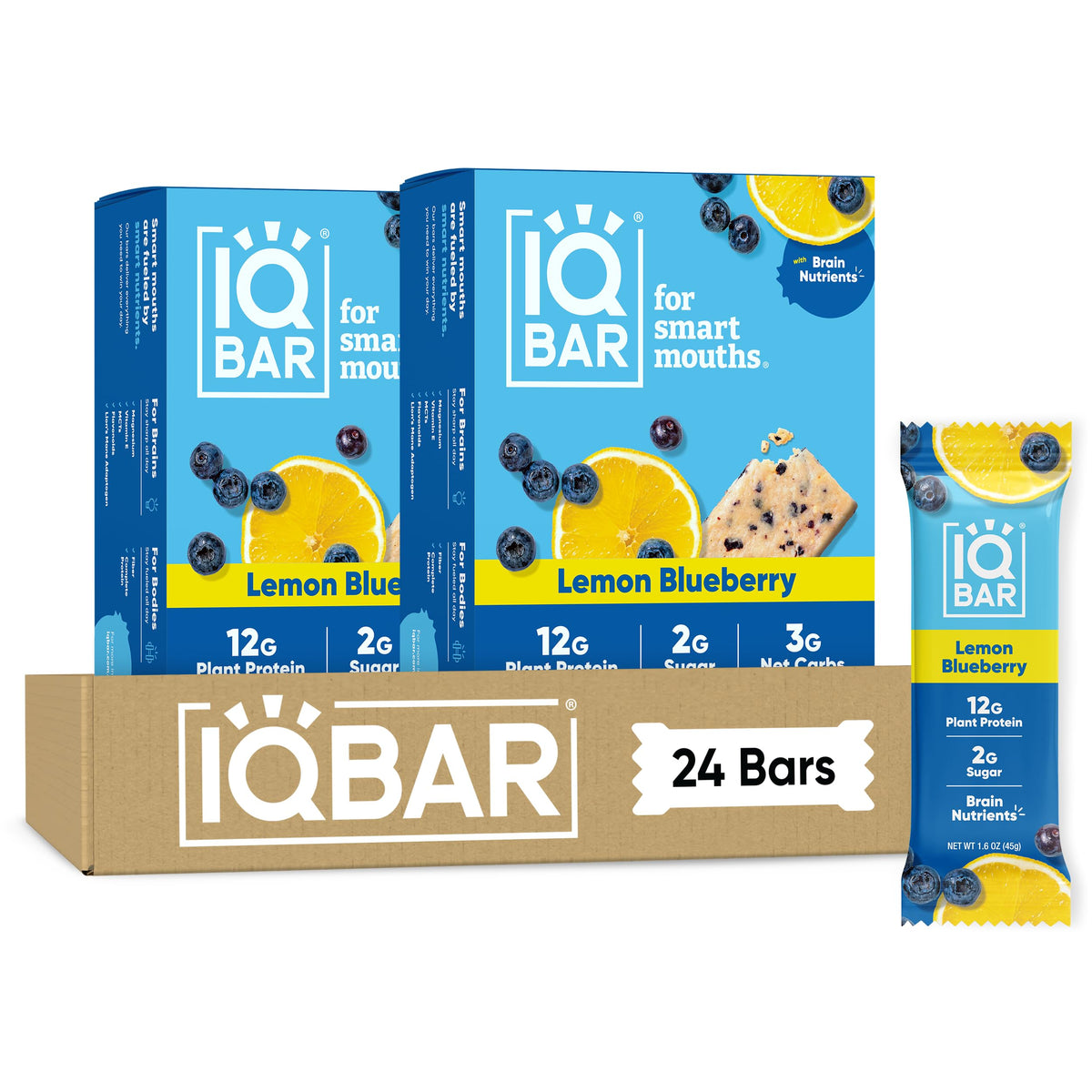 IQBAR front packaging showing clean-label lemon blueberry benefits