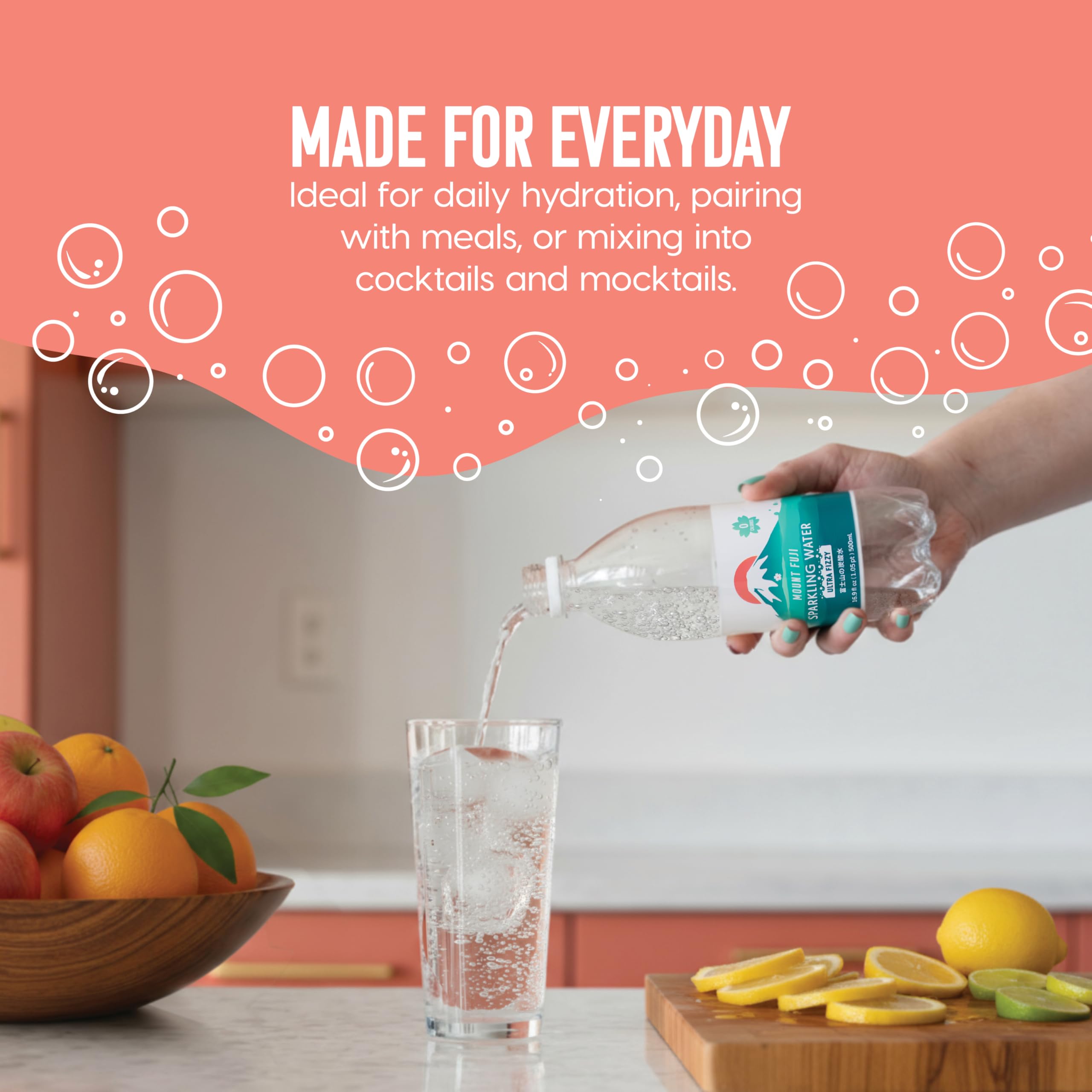 IRIS open bottle with fizz emphasizing fresh, long-lasting carbonation benefit