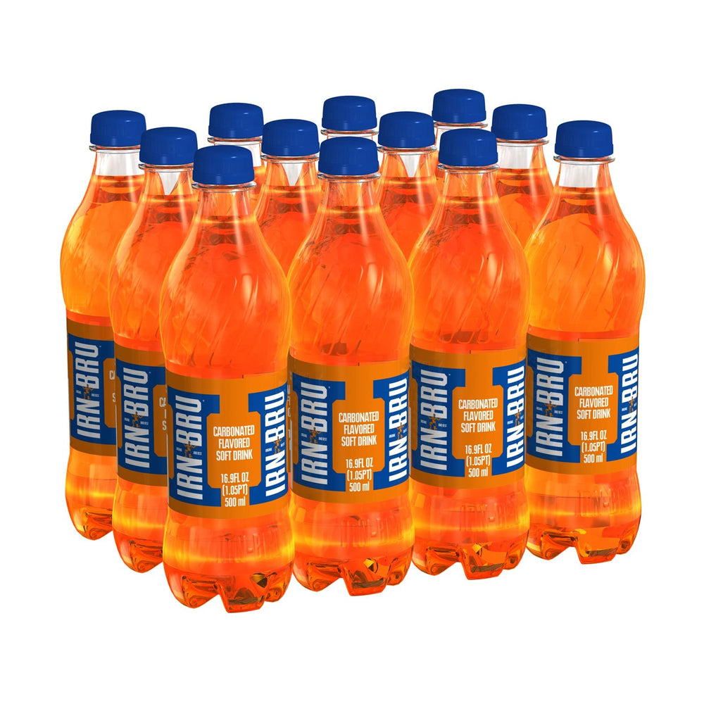IRN-BRU front packaging showing 12-pack and bright branding for quick recognition