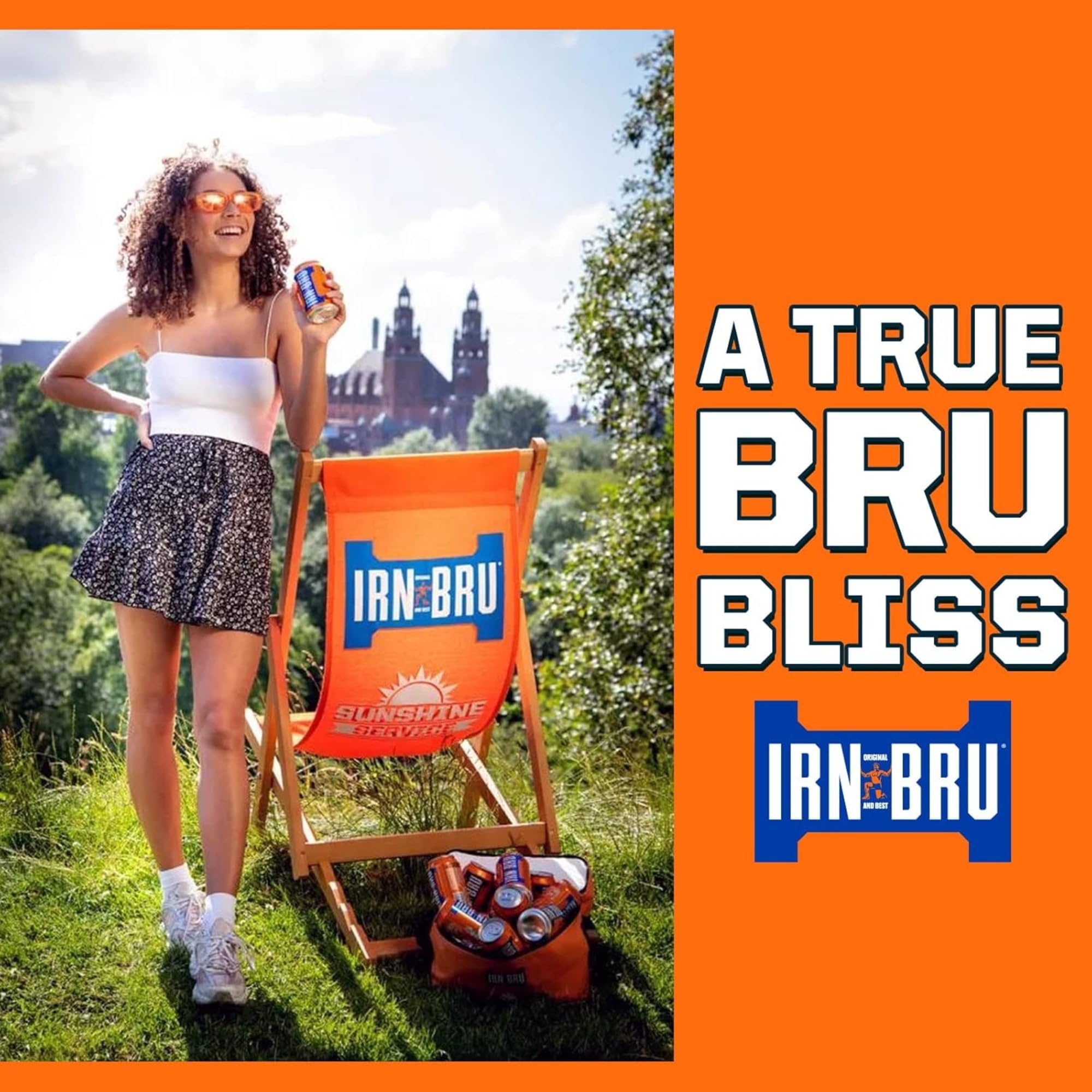IRN-BRU pouring into a glass with ice showing refreshing fizz and serving suggestion
