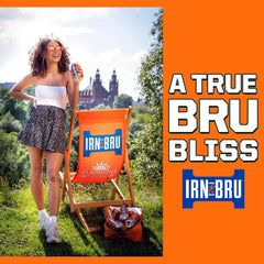 IRN-BRU pouring into a glass with ice showing refreshing fizz and serving suggestion