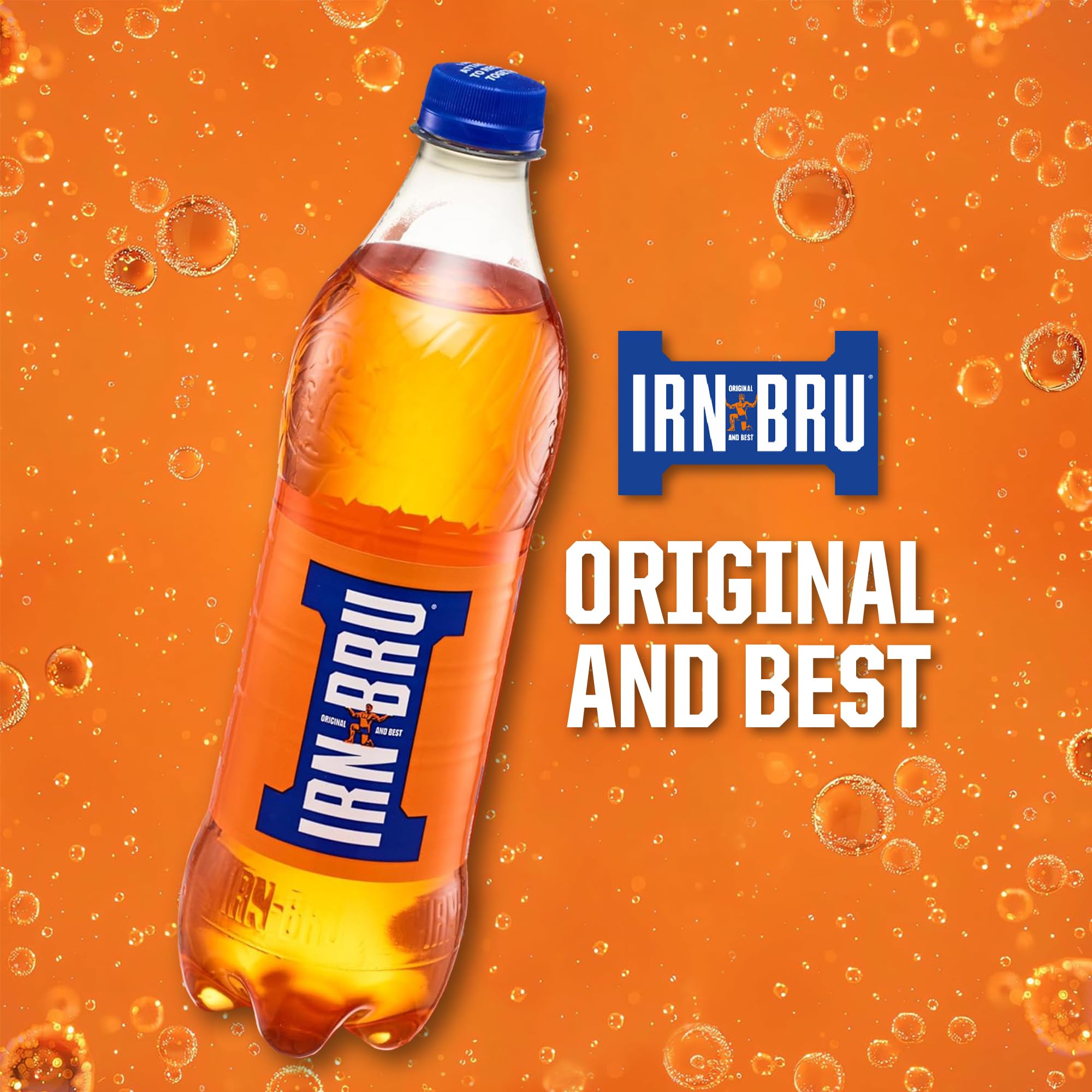 IRN-BRU bottle held in hand showing 500ml scale and portability