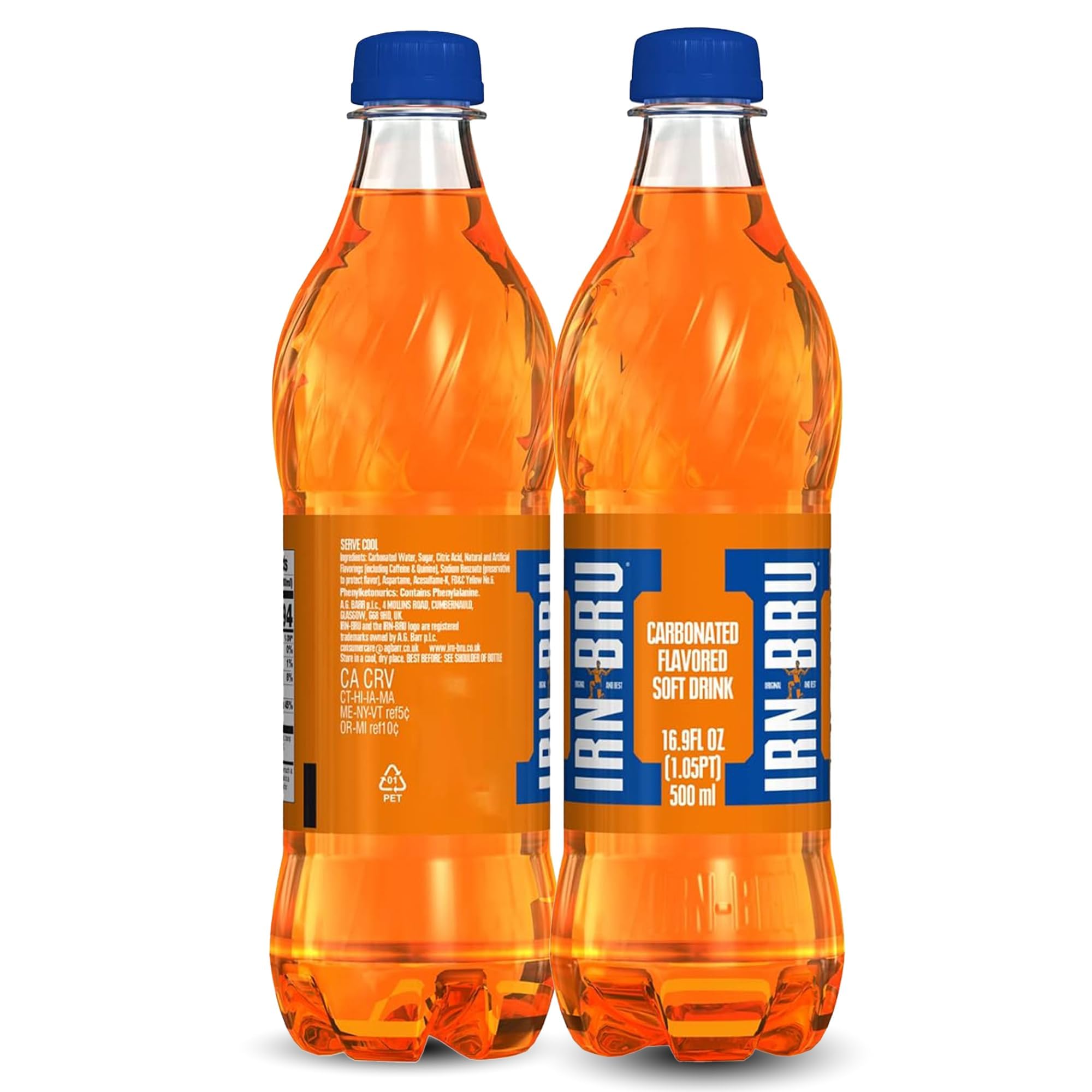 IRN-BRU held in hand for size comparison emphasizing portable 16.9 fl oz bottles