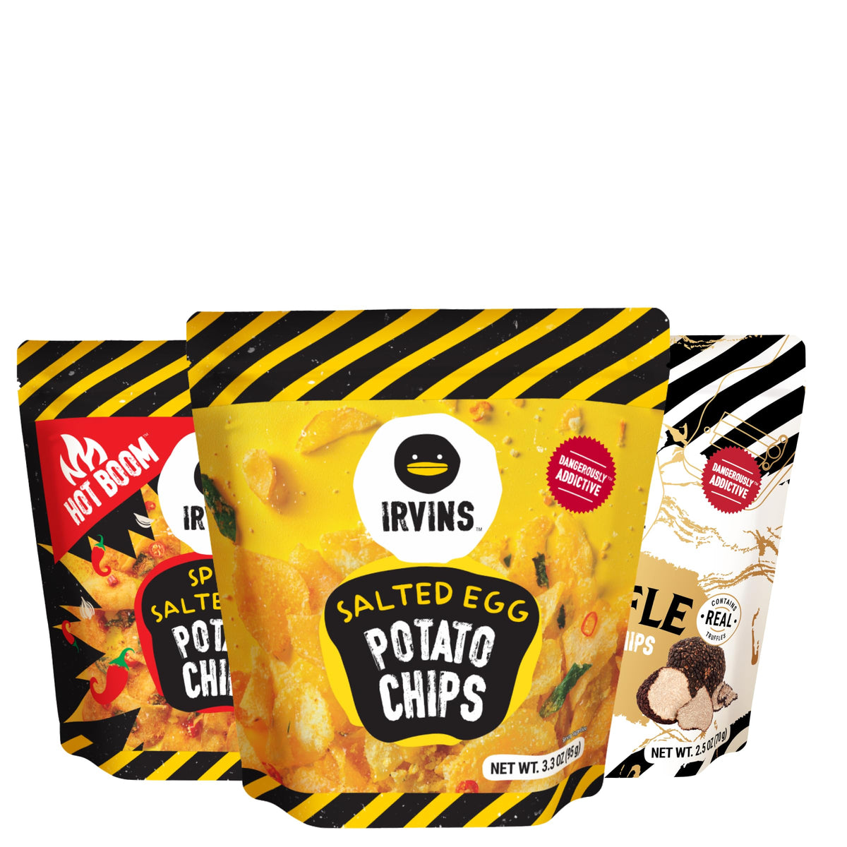 IRVINS front packaging variety pack showing three resealable pouches and branding benefit sharing