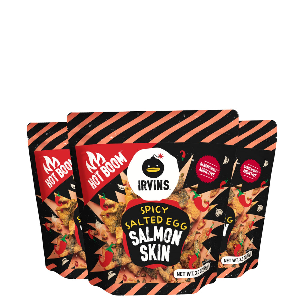 IRVINS front packaging showing three spicy salmon skin pouches for snacking convenience