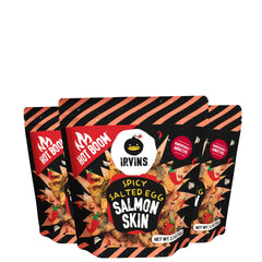 IRVINS front packaging showing three spicy salmon skin pouches for snacking convenience
