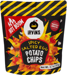 IRVINS spicy salted egg chips in bowl ready to eat, showcasing heat and crunch benefit