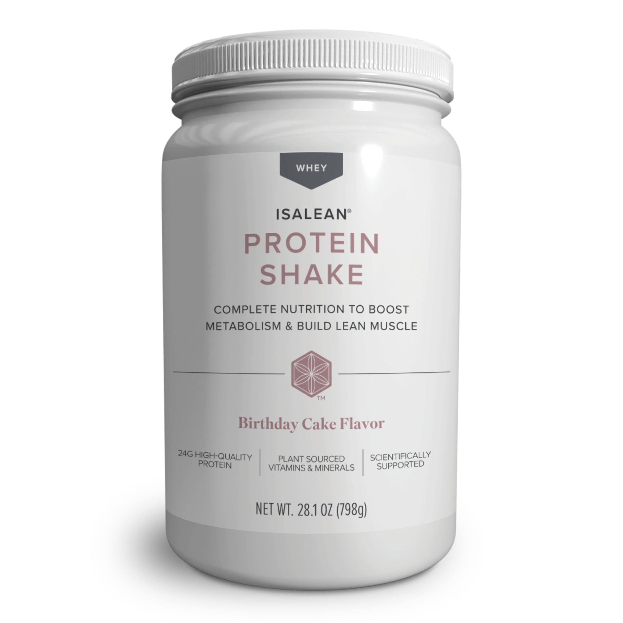 Isagenix IsaLean birthday cake front packaging showing tub and label for easy identification and nutrition benefits