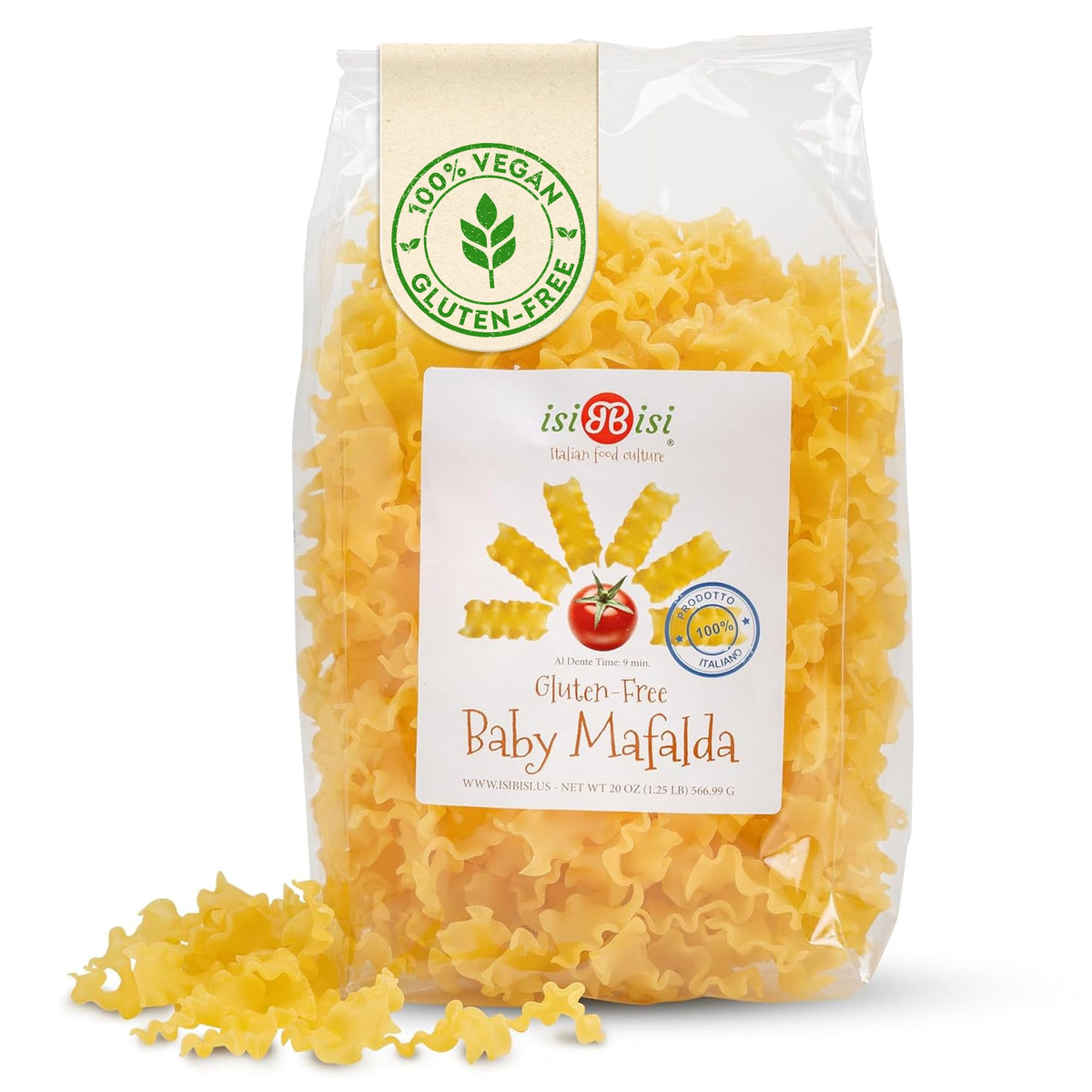 isiBisi front packaging showing gluten-free baby mafalda and benefits
