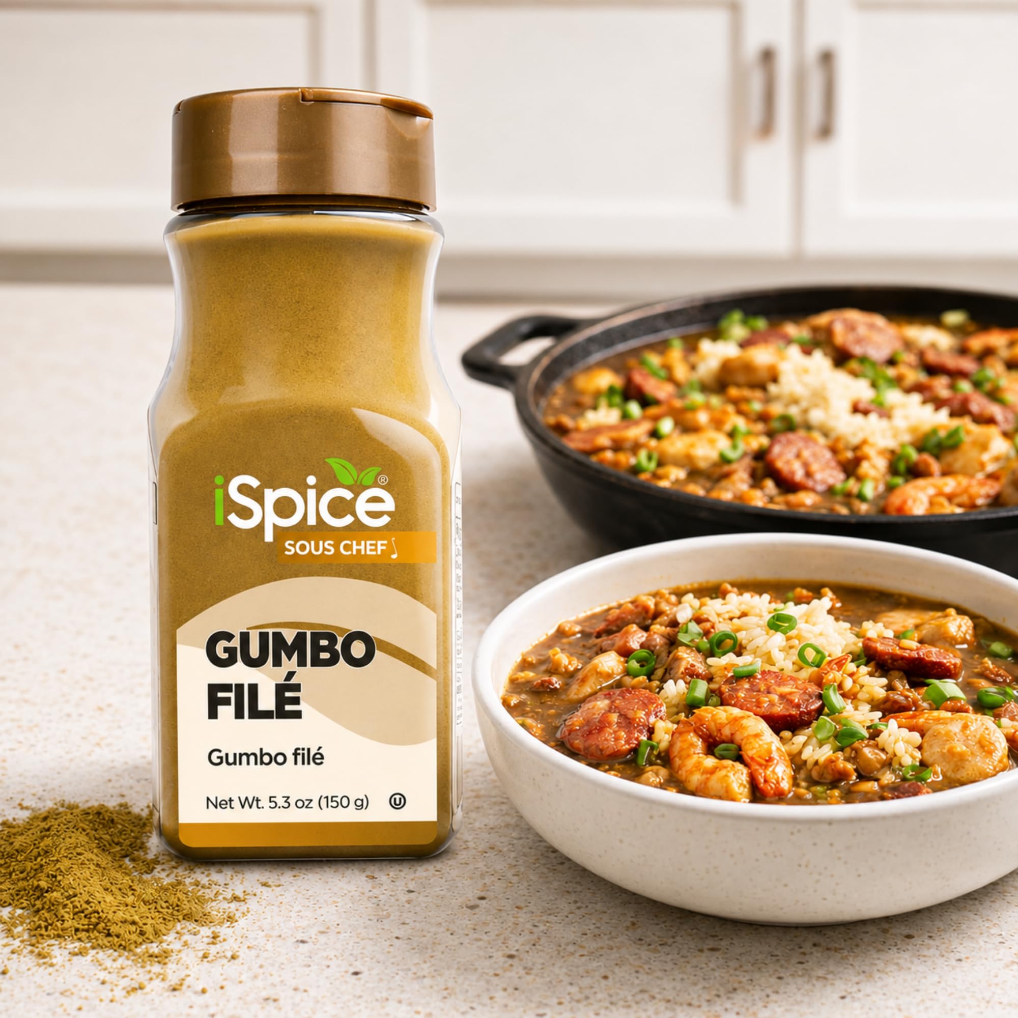 iSpice jar on kitchen shelf showing pantry-ready Creole seasoning