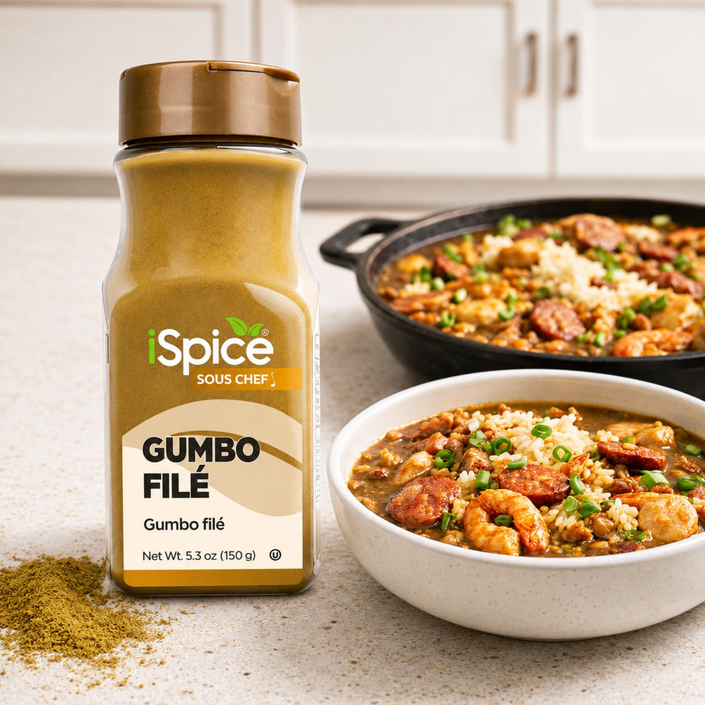iSpice jar on kitchen shelf showing pantry-ready Creole seasoning