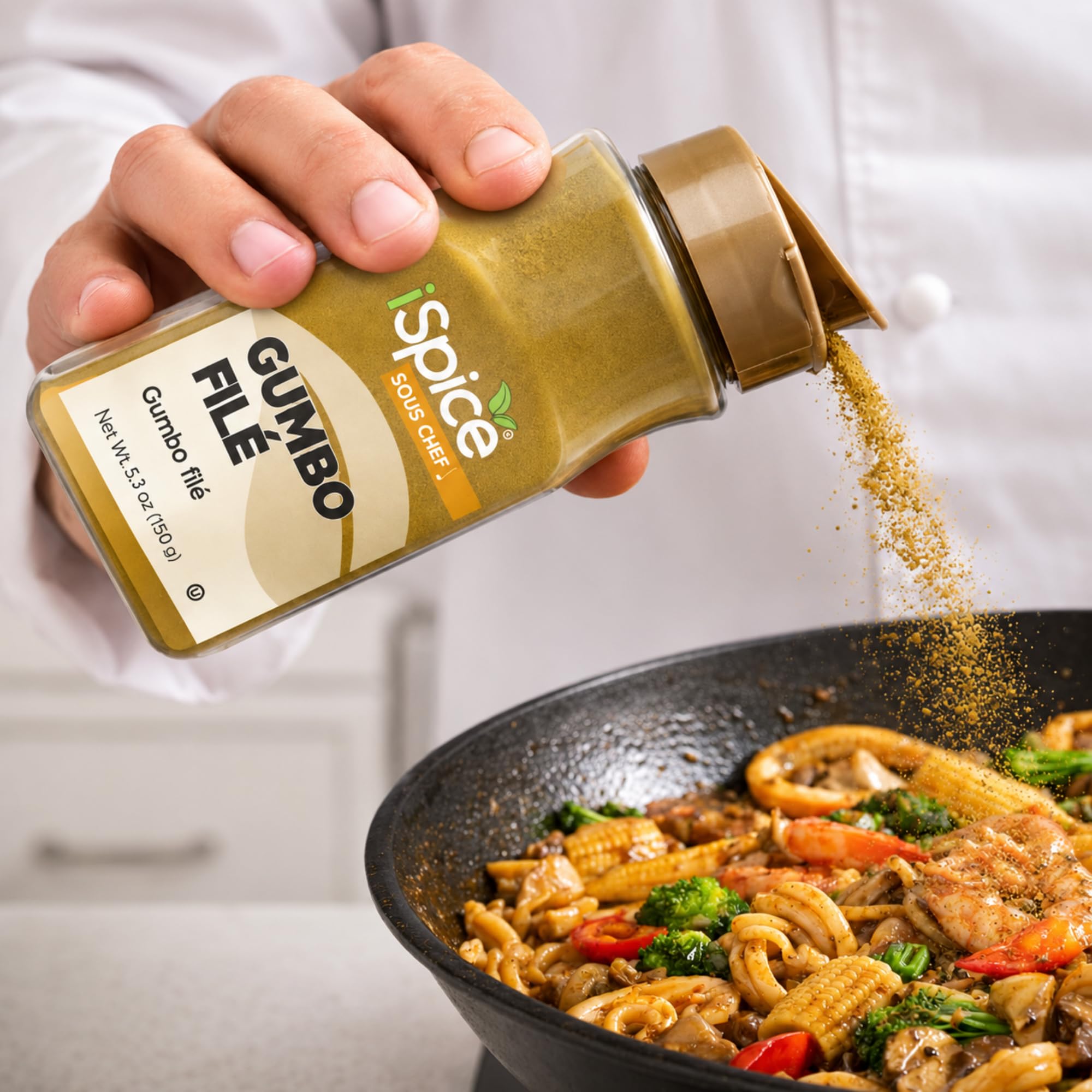 iSpice powdered filé measured on teaspoon demonstrating portioning