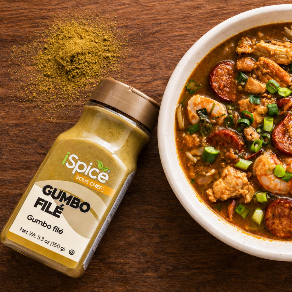 iSpice being sprinkled into a bowl of gumbo to finish and thicken