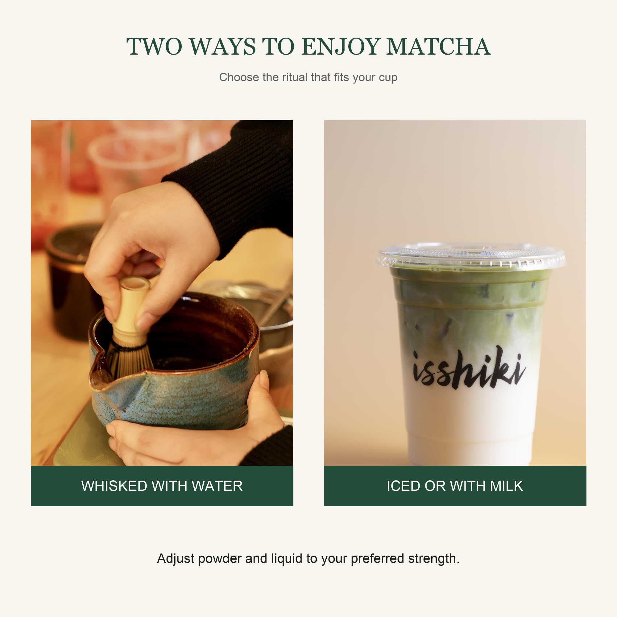 Isshiki matcha powder on spoon showing measured serving and dosing ease