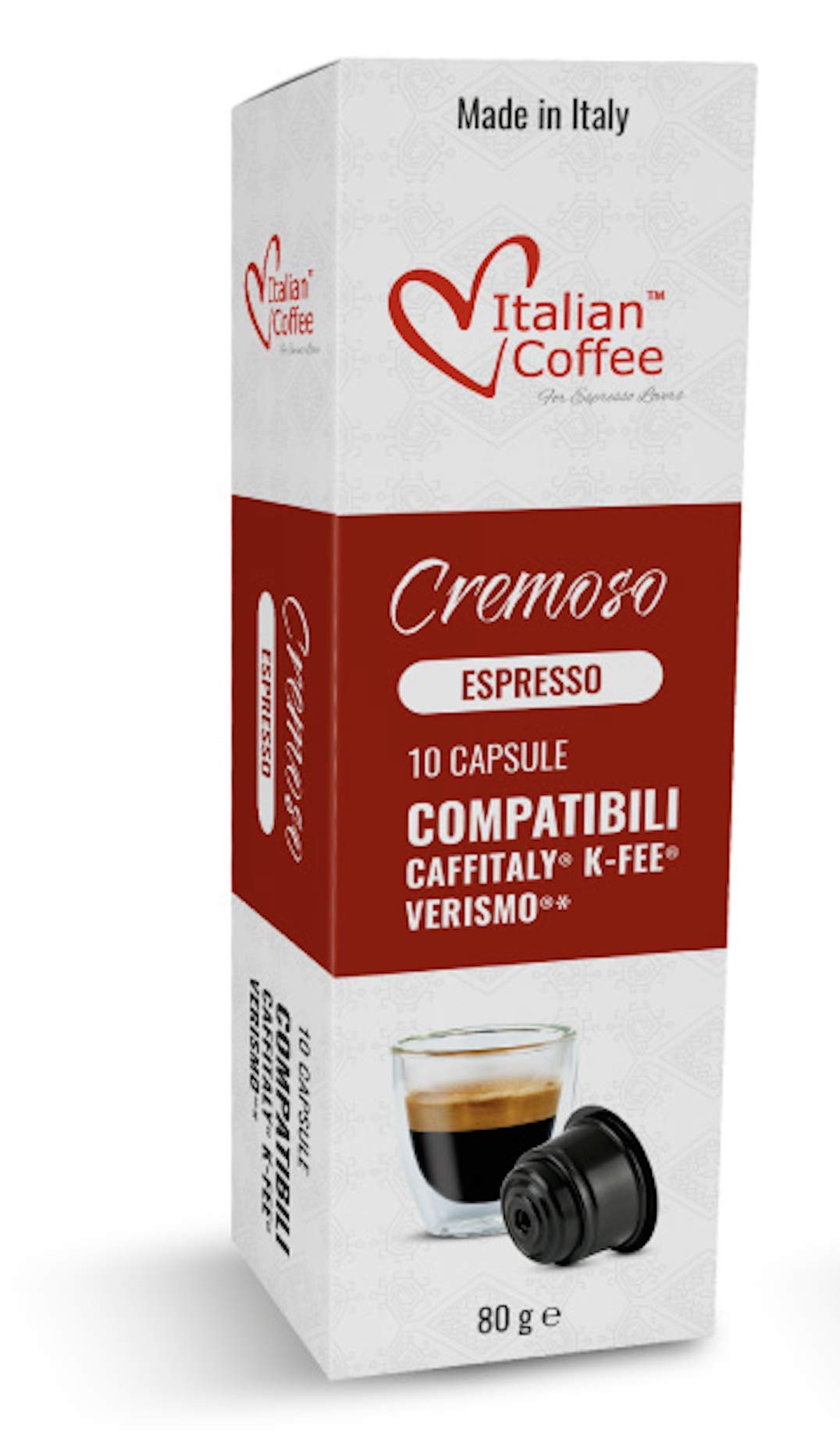 Italian Coffee For Espresso Lovers front packaging showing 80 pods and benefits